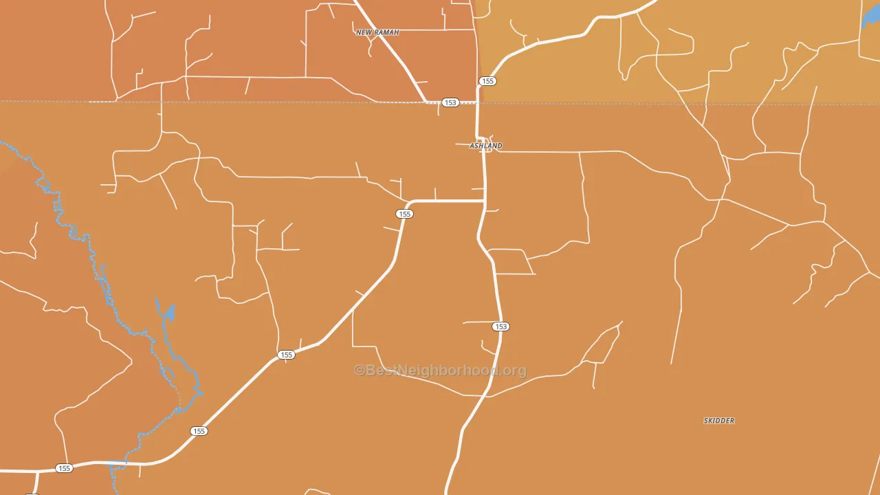 Map of the best neighborhoods in the 71002 area, with better matches in green and worse matches in red