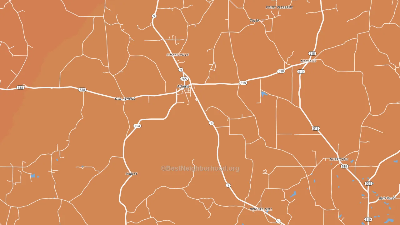 Map of the best neighborhoods in the 71003 area, with better matches in green and worse matches in red