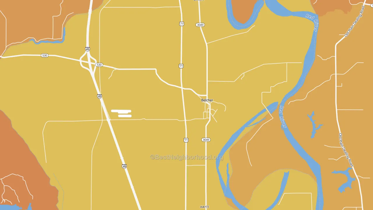 Map of the best neighborhoods in the 71004 area, with better matches in green and worse matches in red