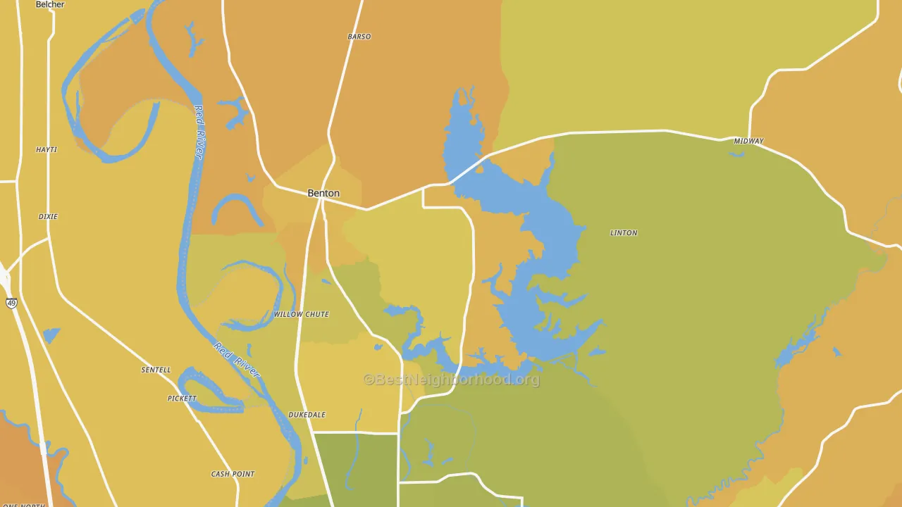 Map of the best neighborhoods in the 71006 area, with better matches in green and worse matches in red