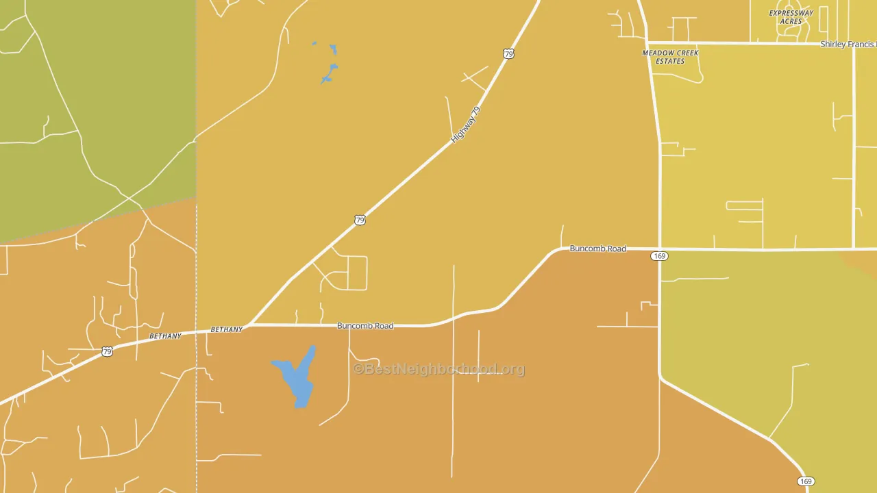 Map of the best neighborhoods in the 71007 area, with better matches in green and worse matches in red
