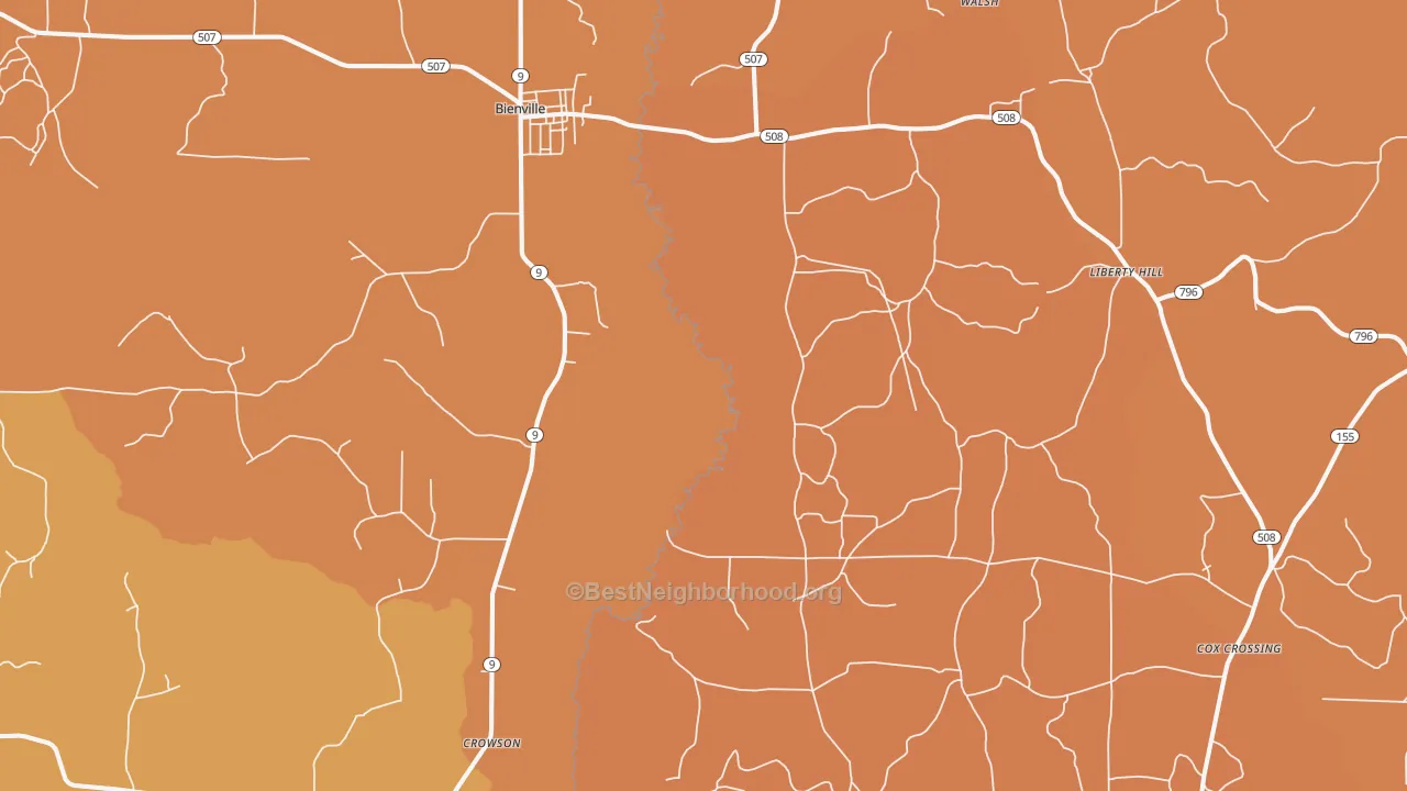 Map of the best neighborhoods in the 71008 area, with better matches in green and worse matches in red