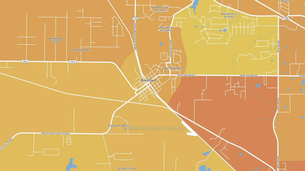 Map of the best neighborhoods in the 71009 area, with better matches in green and worse matches in red