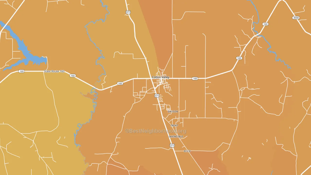 Map of the best neighborhoods in the 71018 area, with better matches in green and worse matches in red