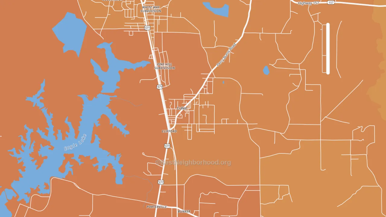 Map of the best neighborhoods in the 71021 area, with better matches in green and worse matches in red