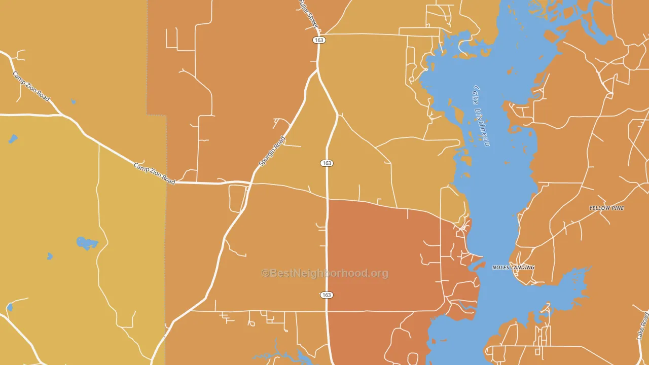Map of the best neighborhoods in the 71023 area, with better matches in green and worse matches in red