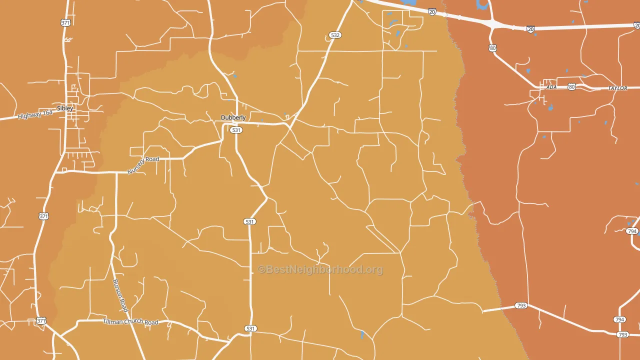 Map of the best neighborhoods in the 71024 area, with better matches in green and worse matches in red