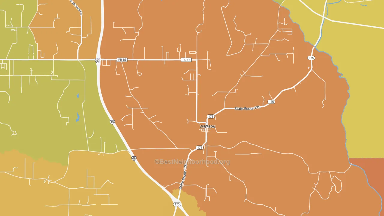 Map of the best neighborhoods in the 71027 area, with better matches in green and worse matches in red