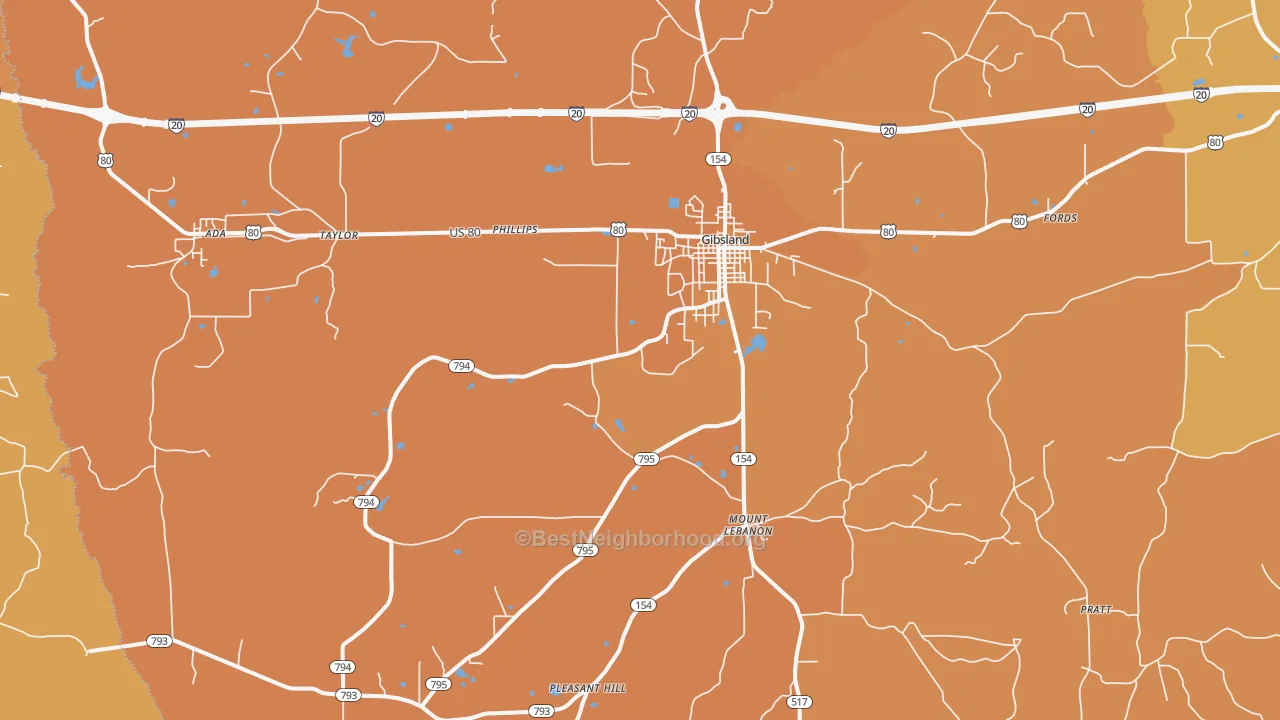 Map of the best neighborhoods in the 71028 area, with better matches in green and worse matches in red