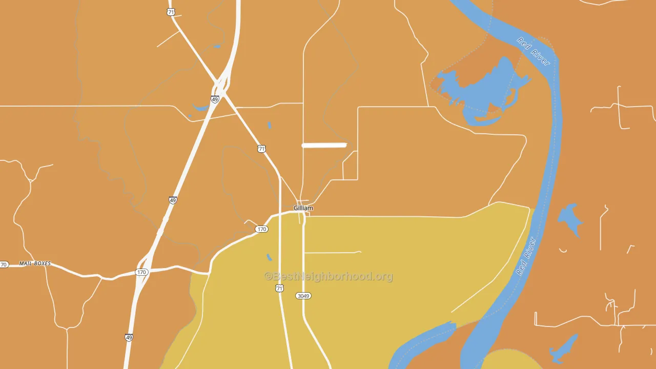 Map of the best neighborhoods in the 71029 area, with better matches in green and worse matches in red
