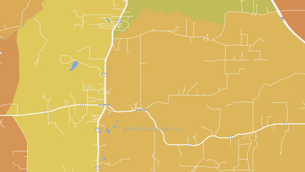 Map of the best neighborhoods in the 71030 area, with better matches in green and worse matches in red