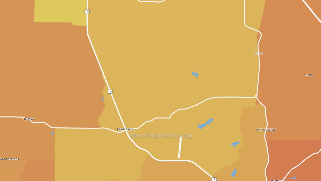 Map of the best neighborhoods in the 71032 area, with better matches in green and worse matches in red