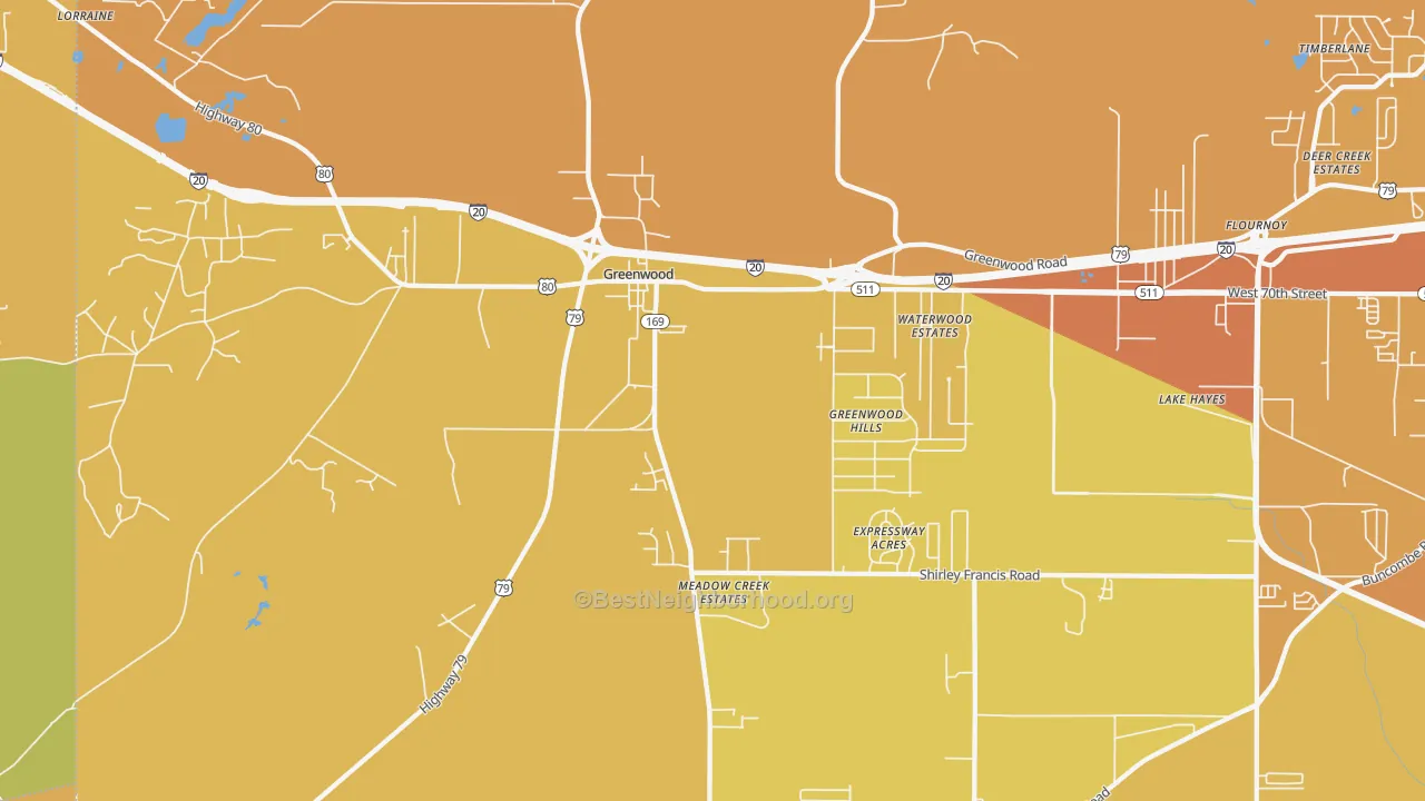Map of the best neighborhoods in the 71033 area, with better matches in green and worse matches in red
