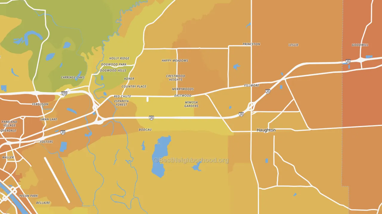 Map of the best neighborhoods in the 71037 area, with better matches in green and worse matches in red