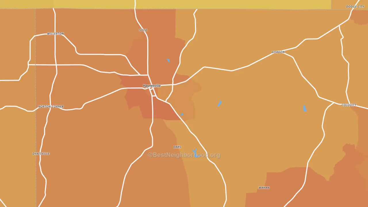 Map of the best neighborhoods in the 71038 area, with better matches in green and worse matches in red