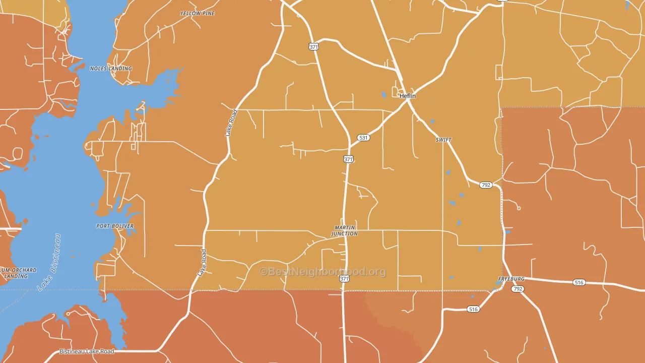 Map of the best neighborhoods in the 71039 area, with better matches in green and worse matches in red