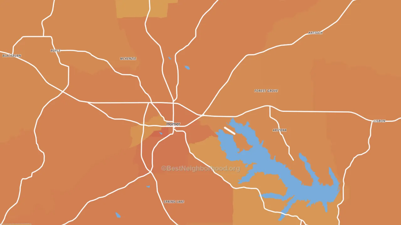 Map of the best neighborhoods in the 71040 area, with better matches in green and worse matches in red