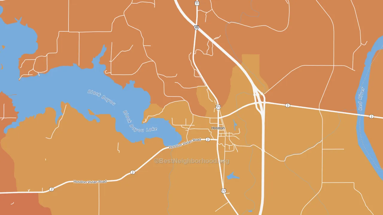 Map of the best neighborhoods in the 71043 area, with better matches in green and worse matches in red