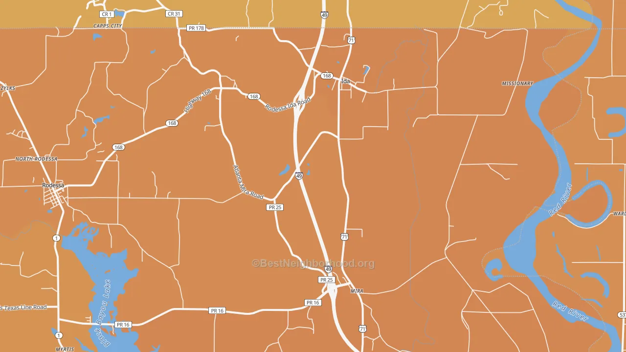 Map of the best neighborhoods in the 71044 area, with better matches in green and worse matches in red