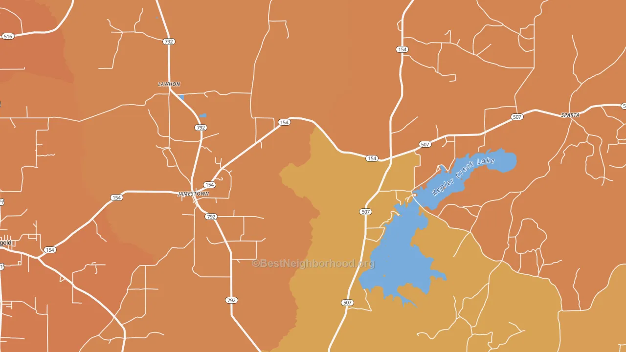 Map of the best neighborhoods in the 71045 area, with better matches in green and worse matches in red