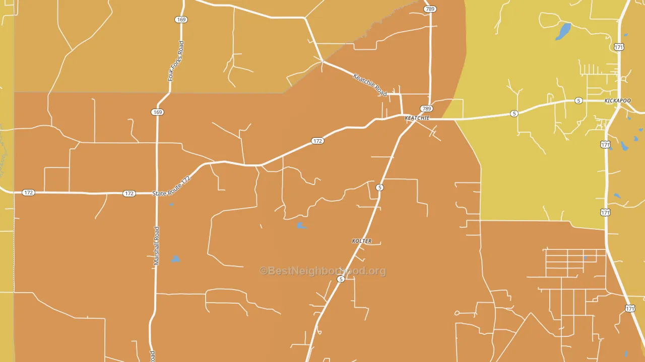Map of the best neighborhoods in the 71046 area, with better matches in green and worse matches in red