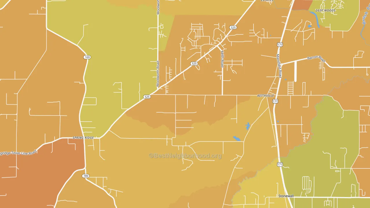 Map of the best neighborhoods in the 71047 area, with better matches in green and worse matches in red