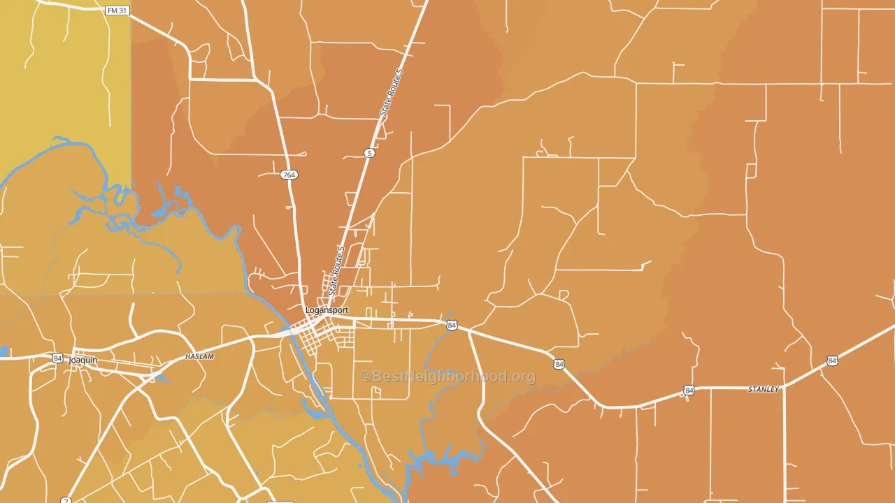 Map of the best neighborhoods in the 71049 area, with better matches in green and worse matches in red