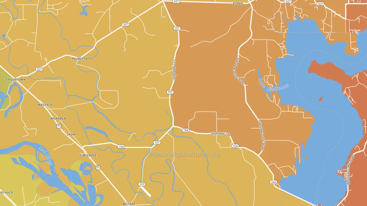 Map of the best neighborhoods in the 71051 area, with better matches in green and worse matches in red