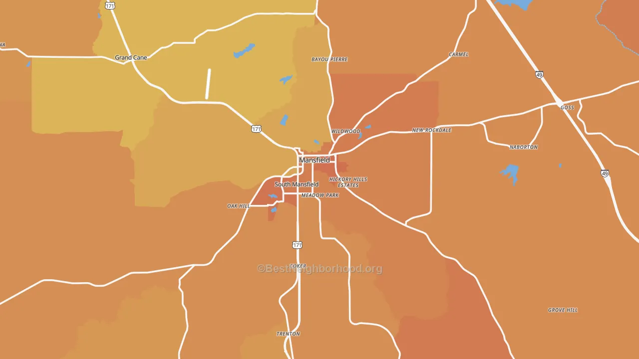 Map of the best neighborhoods in the 71052 area, with better matches in green and worse matches in red