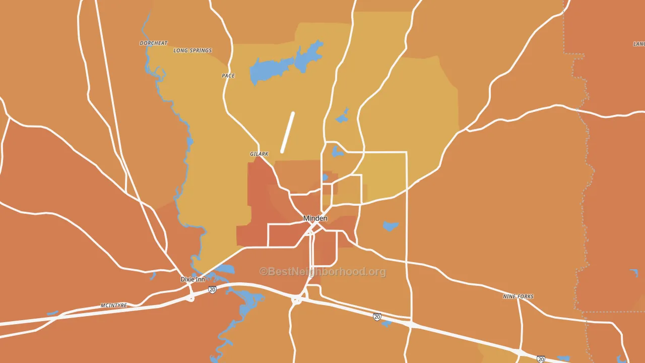 Map of the best neighborhoods in the 71055 area, with better matches in green and worse matches in red
