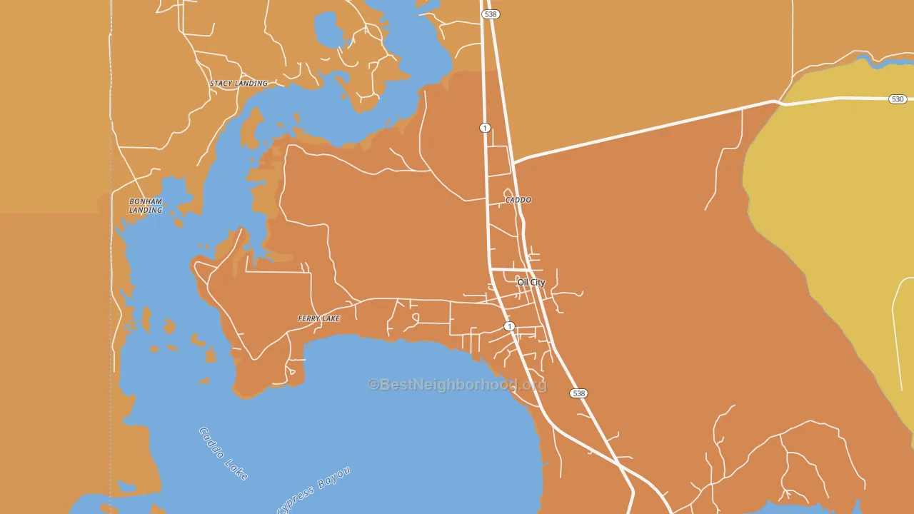 Map of the best neighborhoods in the 71061 area, with better matches in green and worse matches in red