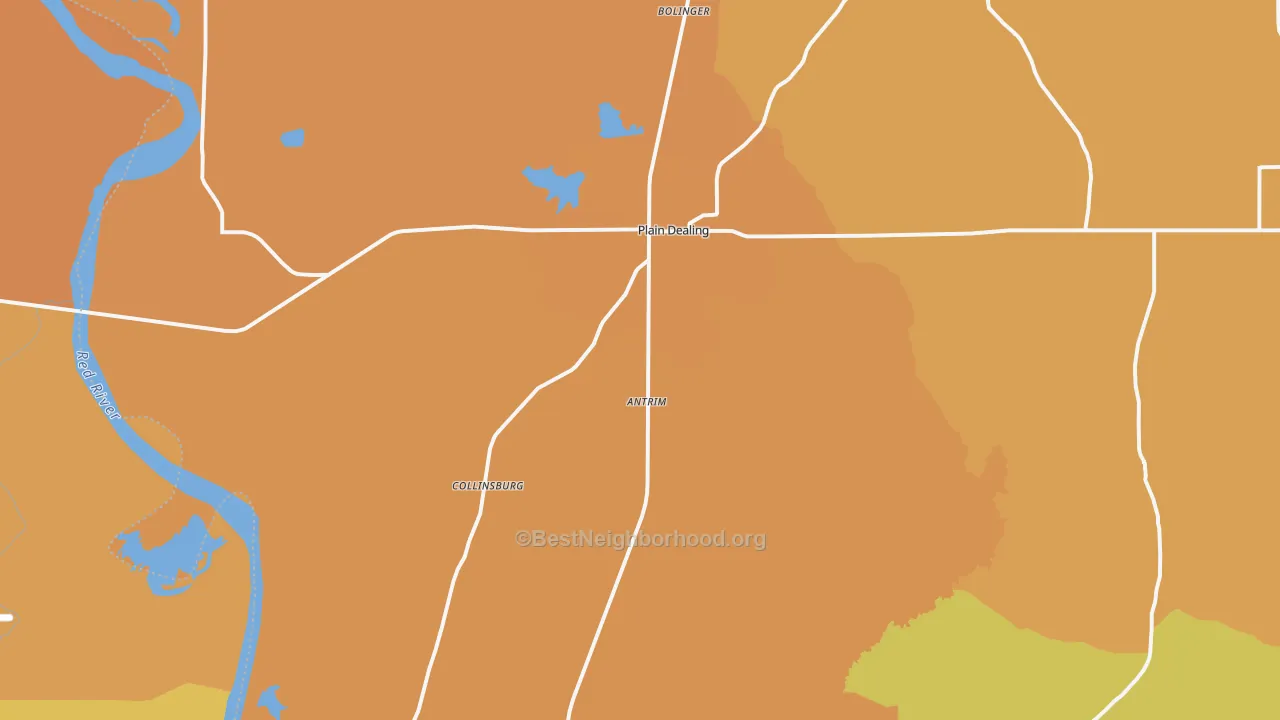 Map of the best neighborhoods in the 71064 area, with better matches in green and worse matches in red