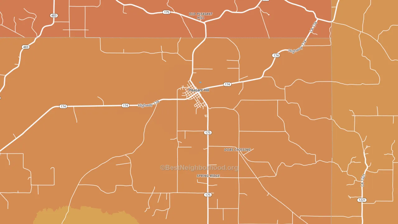 Map of the best neighborhoods in the 71065 area, with better matches in green and worse matches in red