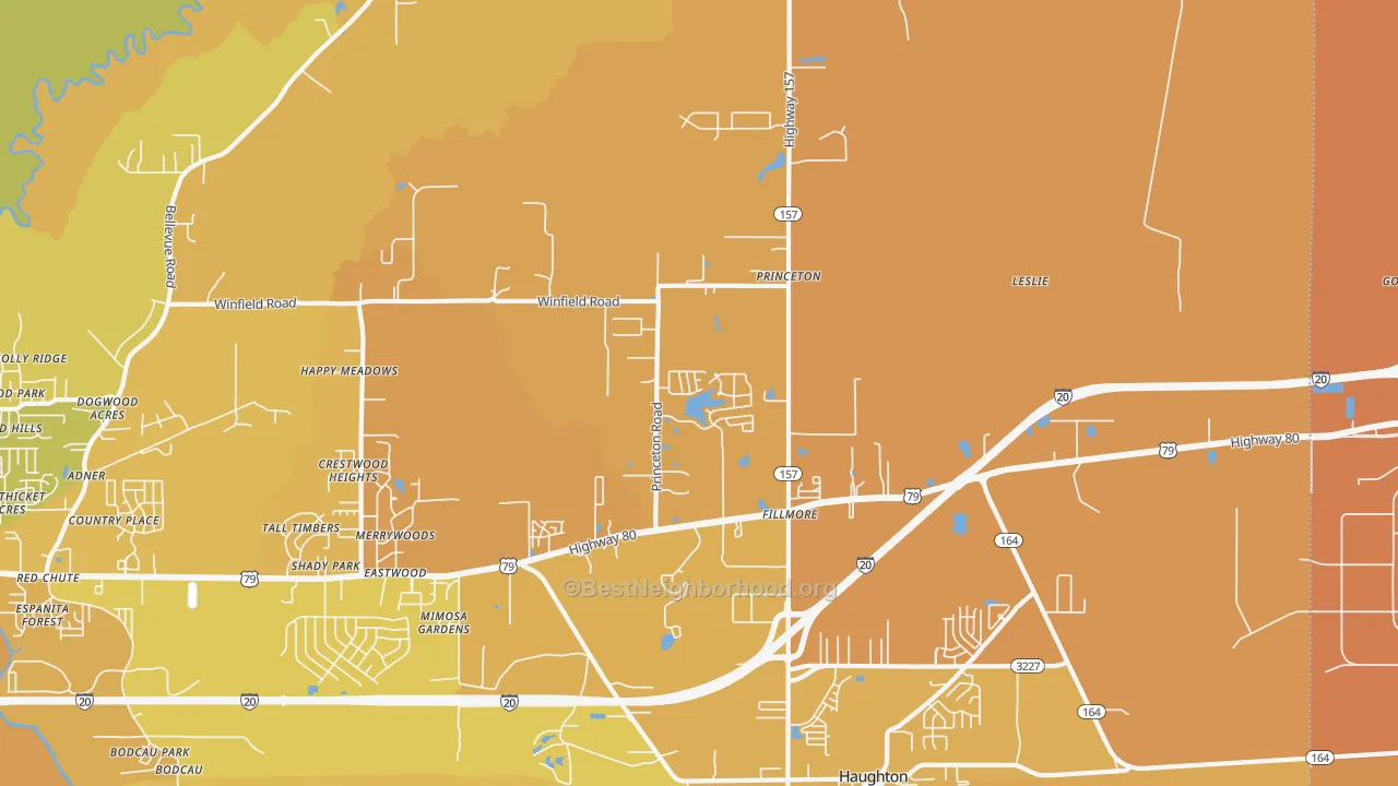 Map of the best neighborhoods in the 71067 area, with better matches in green and worse matches in red