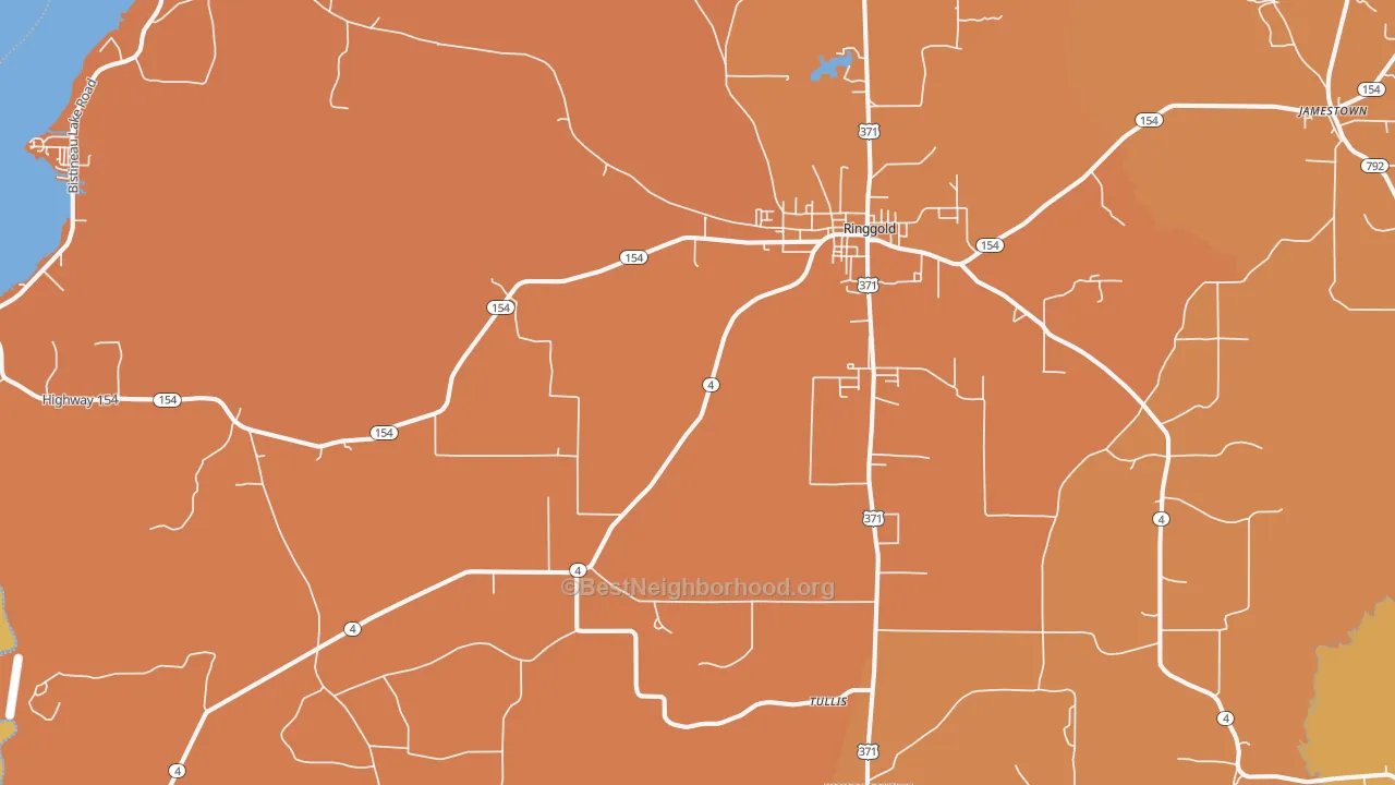 Map of the best neighborhoods in the 71068 area, with better matches in green and worse matches in red