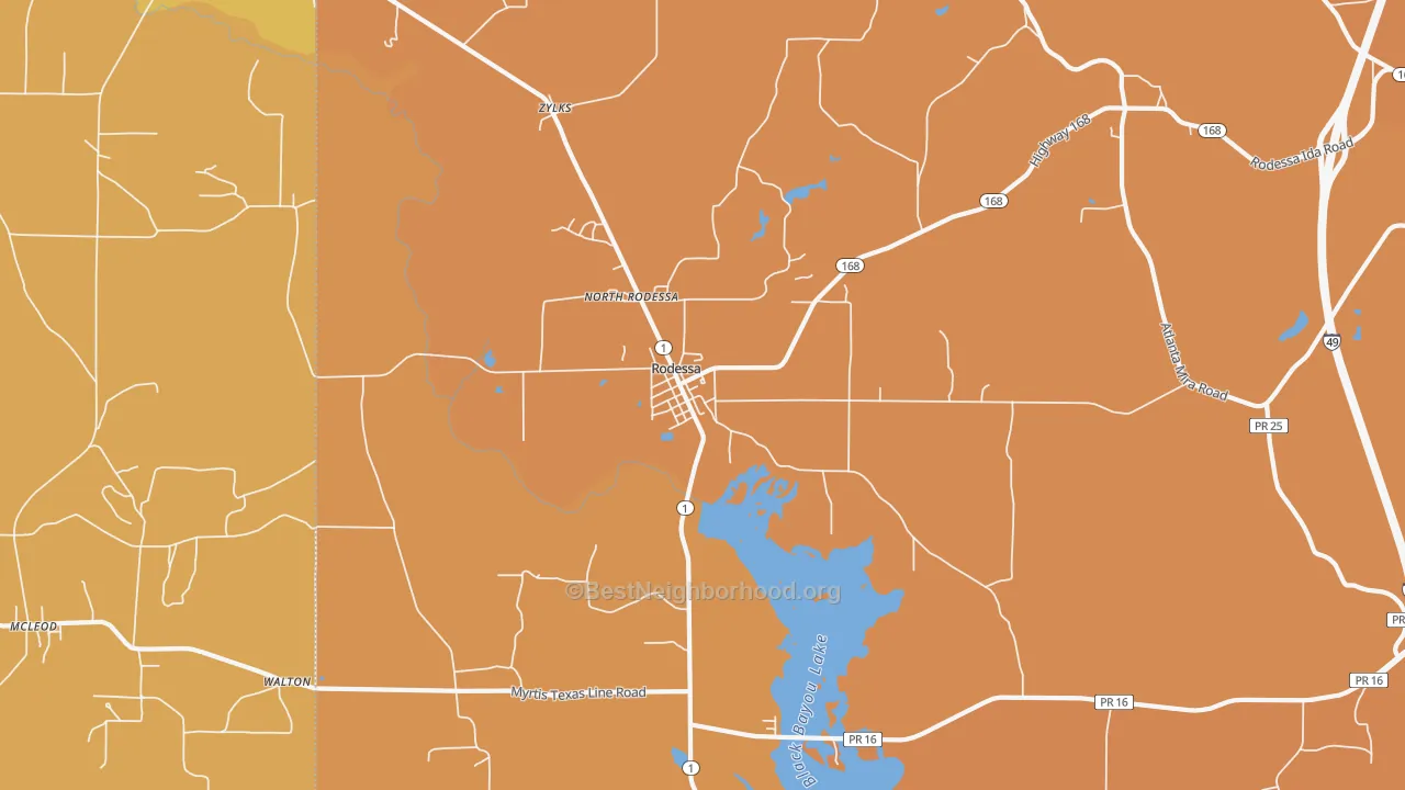 Map of the best neighborhoods in the 71069 area, with better matches in green and worse matches in red