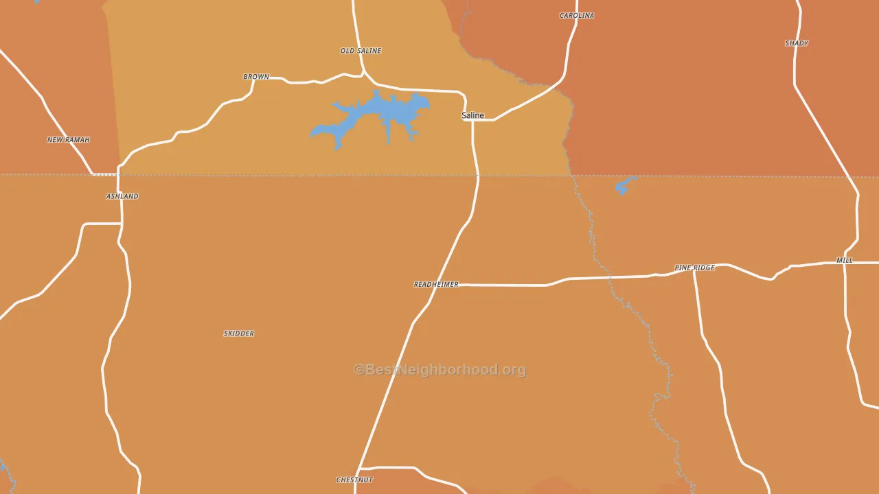 Map of the best neighborhoods in the 71070 area, with better matches in green and worse matches in red