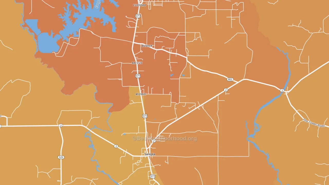 Map of the best neighborhoods in the 71071 area, with better matches in green and worse matches in red