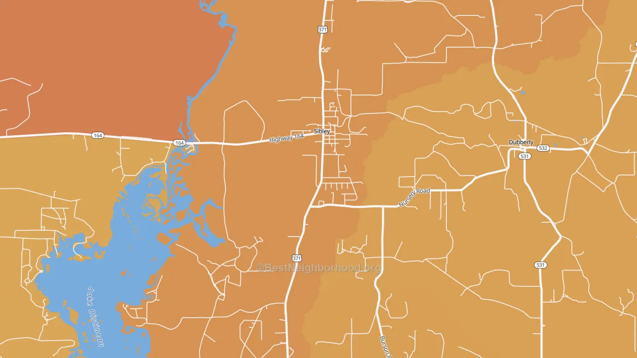 Map of the best neighborhoods in the 71073 area, with better matches in green and worse matches in red