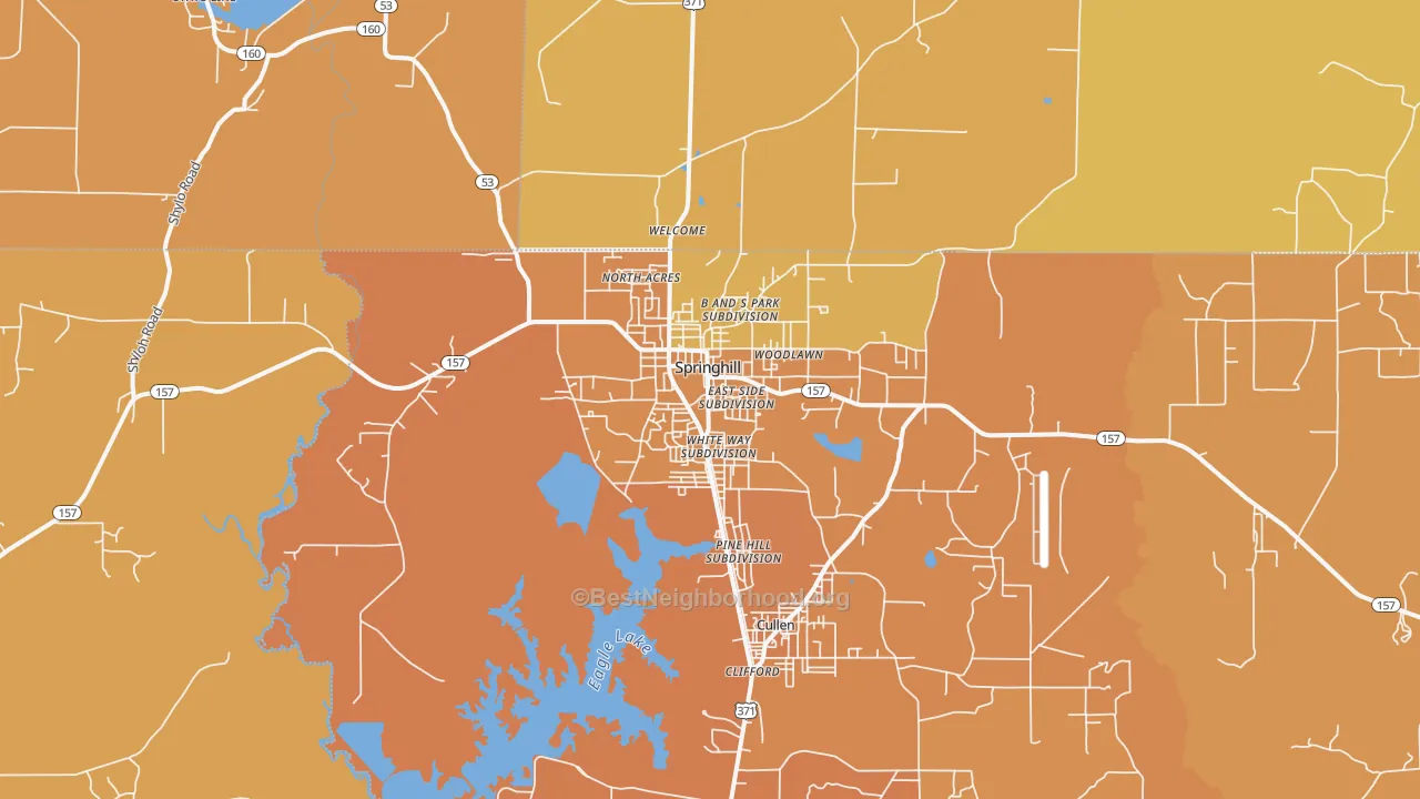 Map of the best neighborhoods in the 71075 area, with better matches in green and worse matches in red