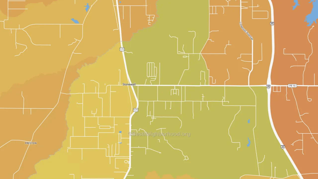 Map of the best neighborhoods in the 71078 area, with better matches in green and worse matches in red
