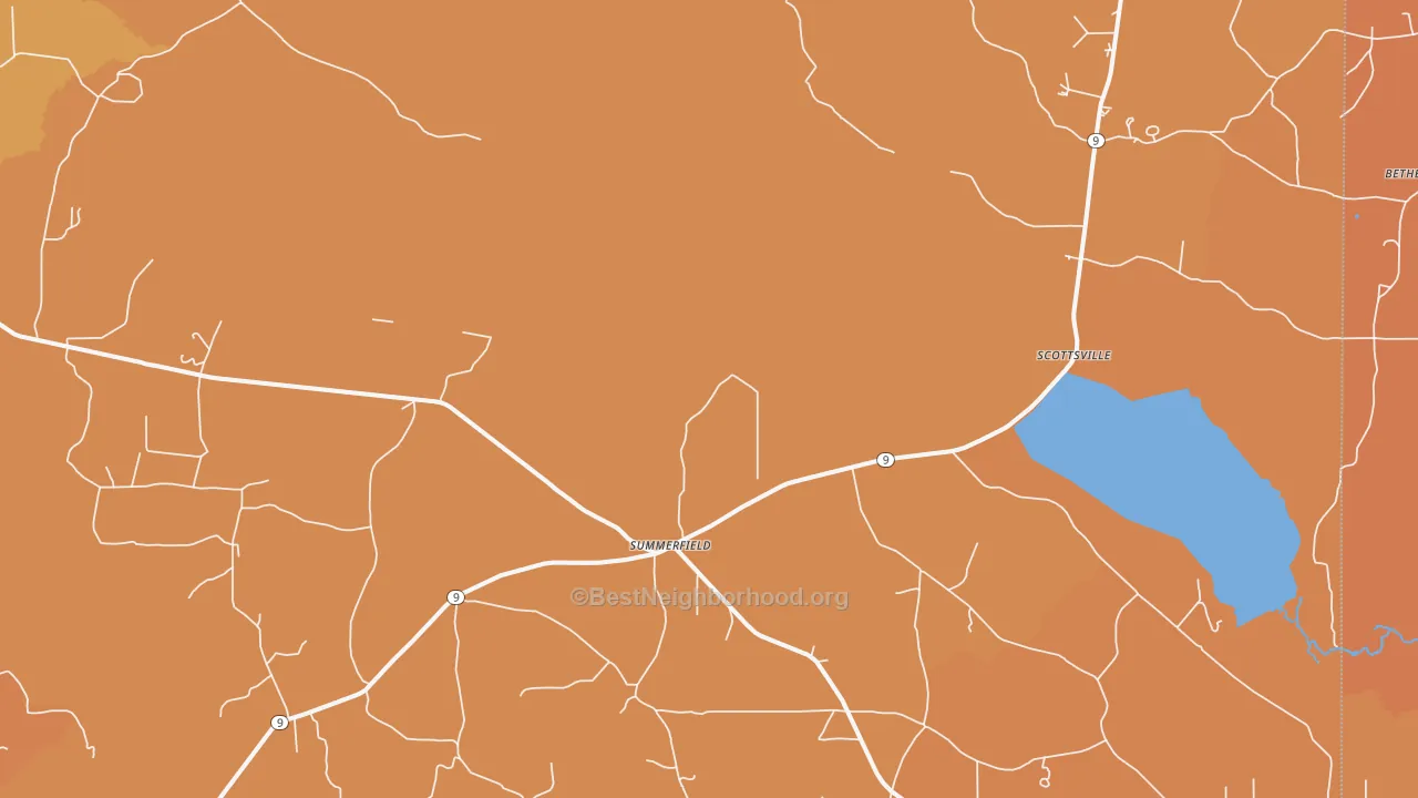 Map of the best neighborhoods in the 71079 area, with better matches in green and worse matches in red