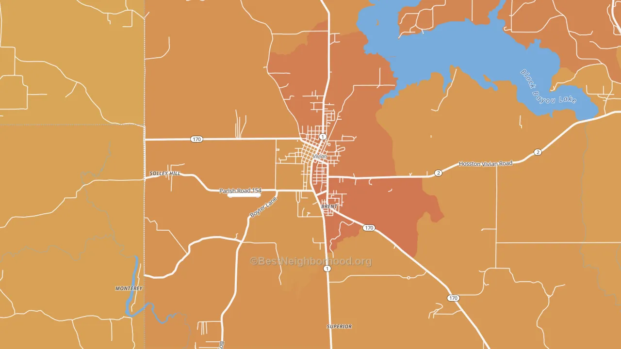 Map of the best neighborhoods in the 71082 area, with better matches in green and worse matches in red