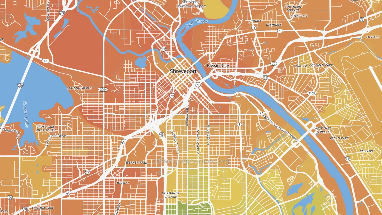 Map of the best neighborhoods in the 71101 area, with better matches in green and worse matches in red