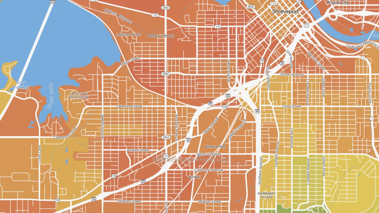 Map of the best neighborhoods in the 71103 area, with better matches in green and worse matches in red
