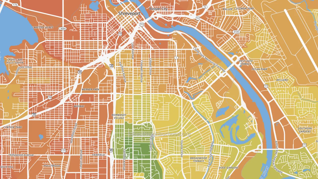 Map of the best neighborhoods in the 71104 area, with better matches in green and worse matches in red