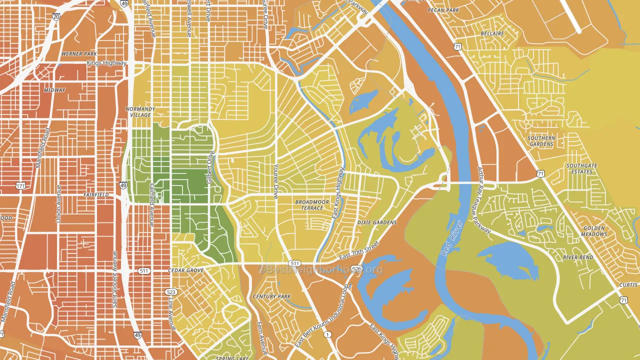 Map of the best neighborhoods in the 71105 area, with better matches in green and worse matches in red