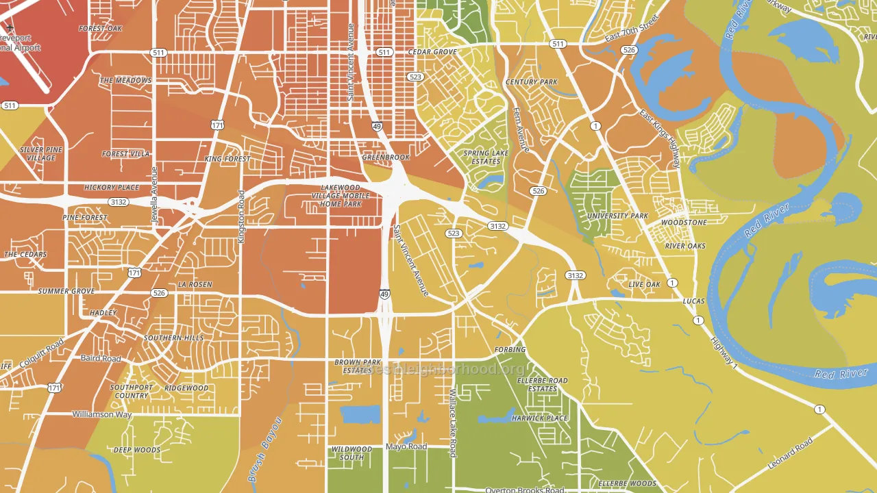 Map of the best neighborhoods in the 71106 area, with better matches in green and worse matches in red