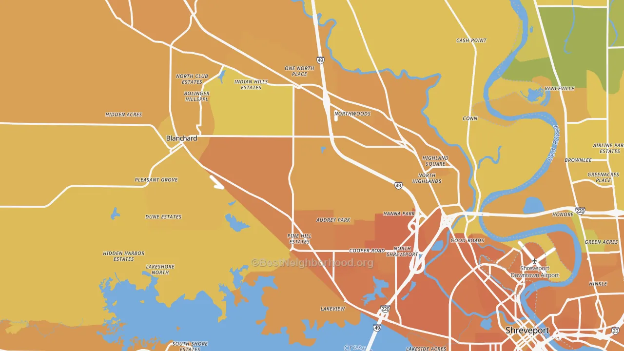 Map of the best neighborhoods in the 71107 area, with better matches in green and worse matches in red