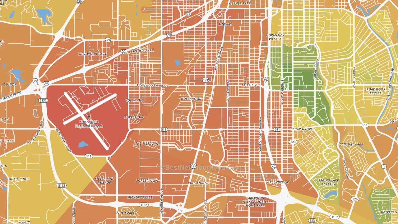 Map of the best neighborhoods in the 71108 area, with better matches in green and worse matches in red